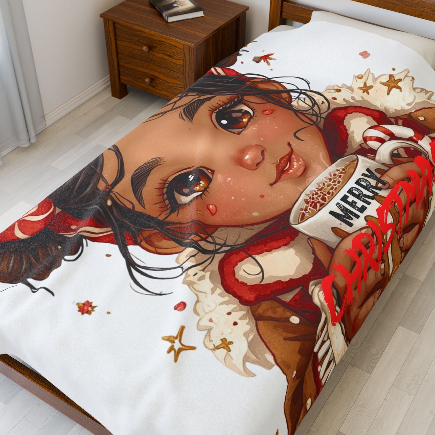 Holiday Plush Blanket ‘Merry Christmas’ Velveteen Throw(White)