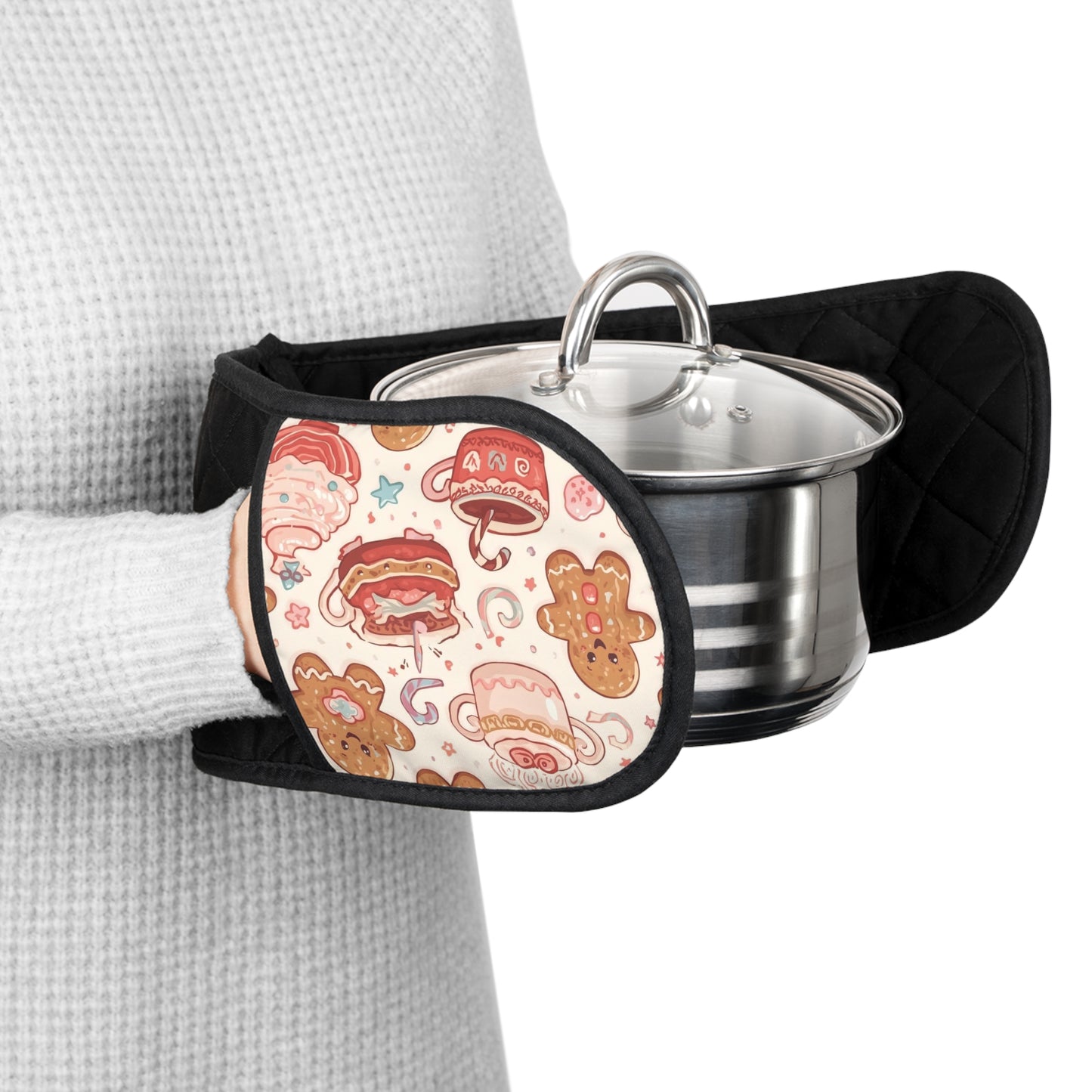 Holiday Gingerbread Double Oven Mitt - Quilted Oven Handle Cover for Christmas Baking