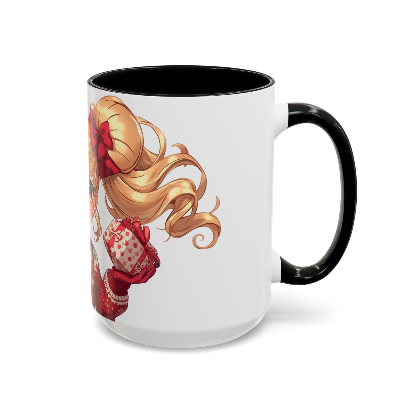 Cute Anime Girl Christmas Accent Coffee Mug — Holiday Sweater & Reindeer (11/15oz)