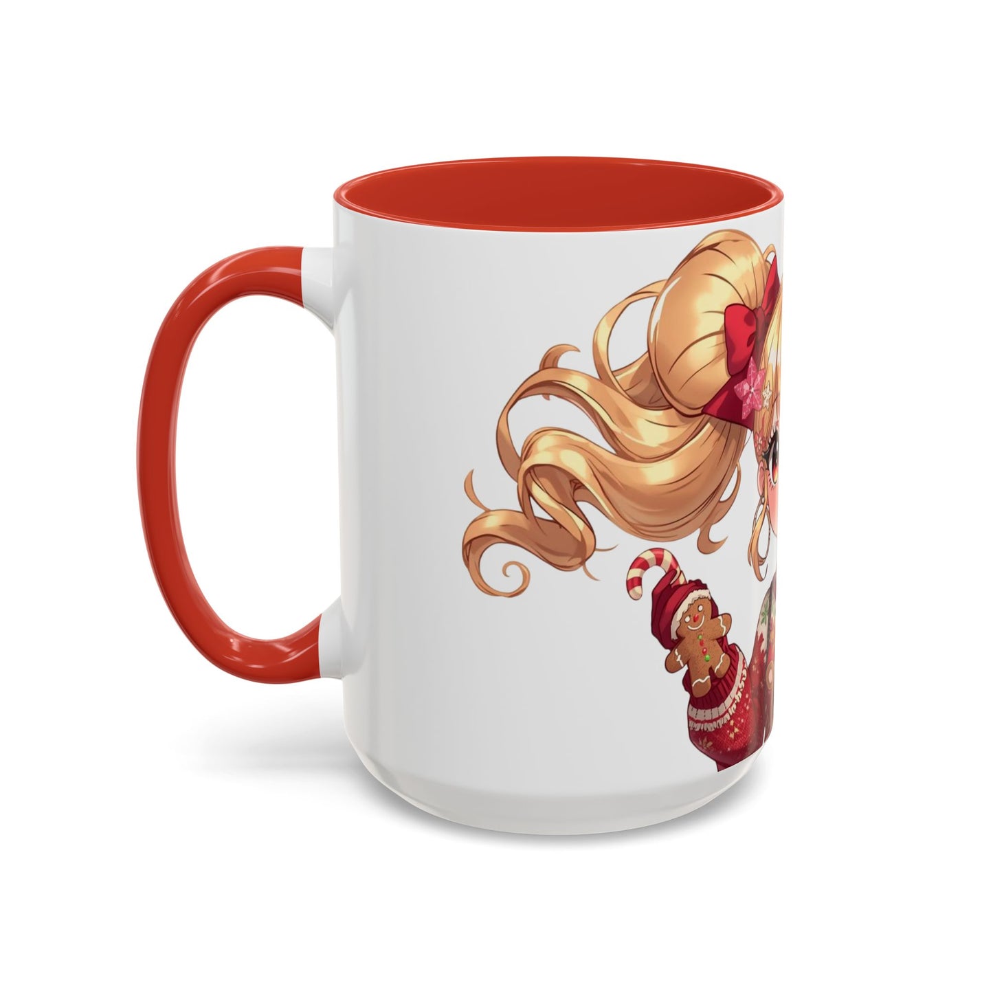 Cute Anime Girl Christmas Accent Coffee Mug — Holiday Sweater & Reindeer (11/15oz)
