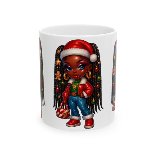 Christmas Girl Ceramic Mug – Cute Black Girl with Santa Hat Holiday Coffee Cup (11oz/15oz)