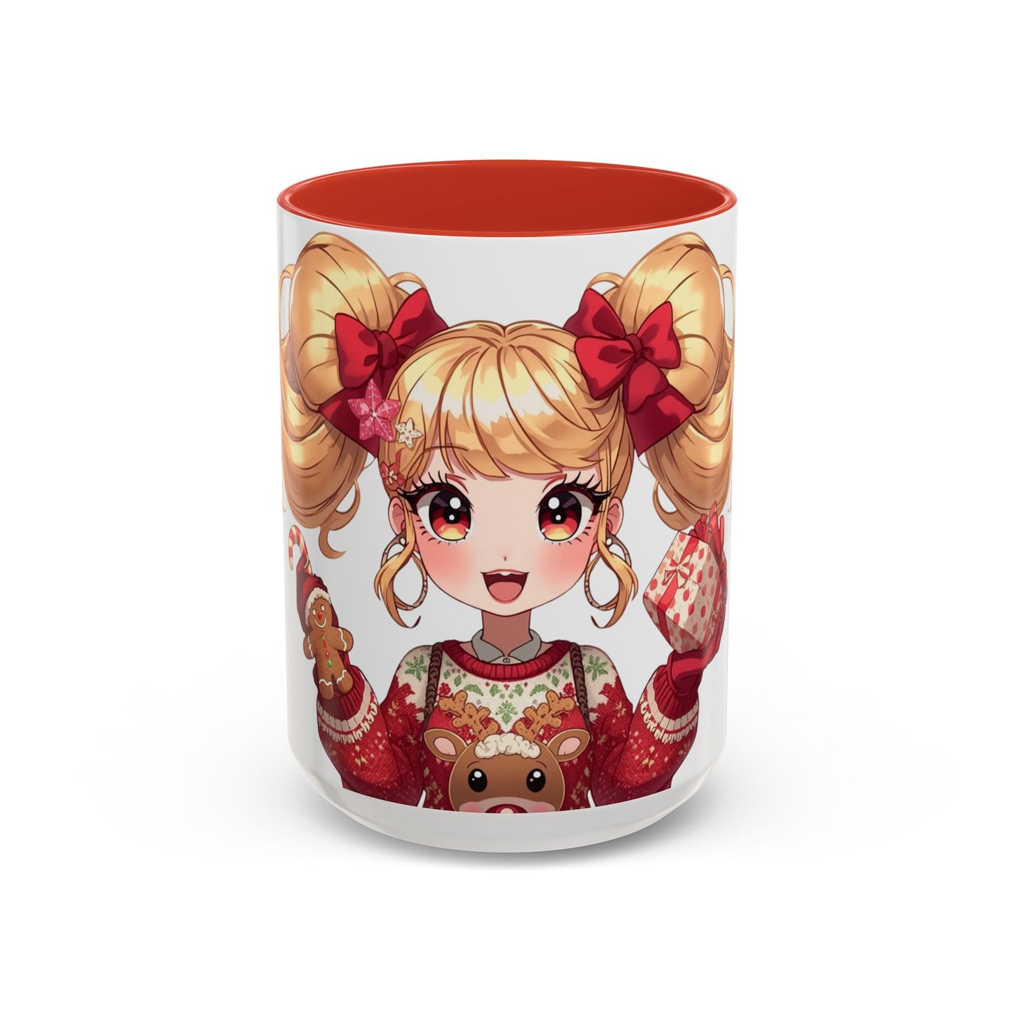 Cute Anime Girl Christmas Accent Coffee Mug — Holiday Sweater & Reindeer (11/15oz)