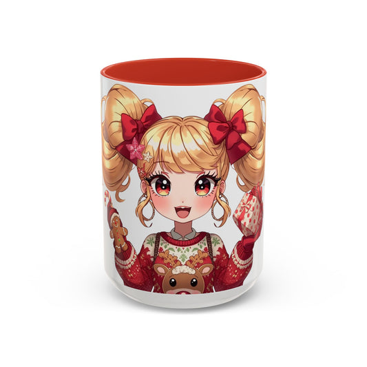 Cute Anime Girl Christmas Accent Coffee Mug — Holiday Sweater & Reindeer (11/15oz)