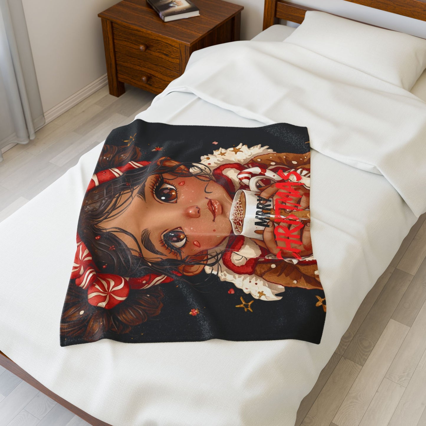 Holiday Plush Blanket — Cute Girl Holding ‘Merry Christmas’ Cocoa Velveteen Throw