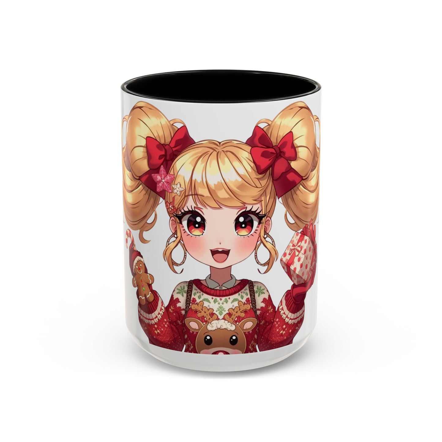 Cute Anime Girl Christmas Accent Coffee Mug — Holiday Sweater & Reindeer (11/15oz)