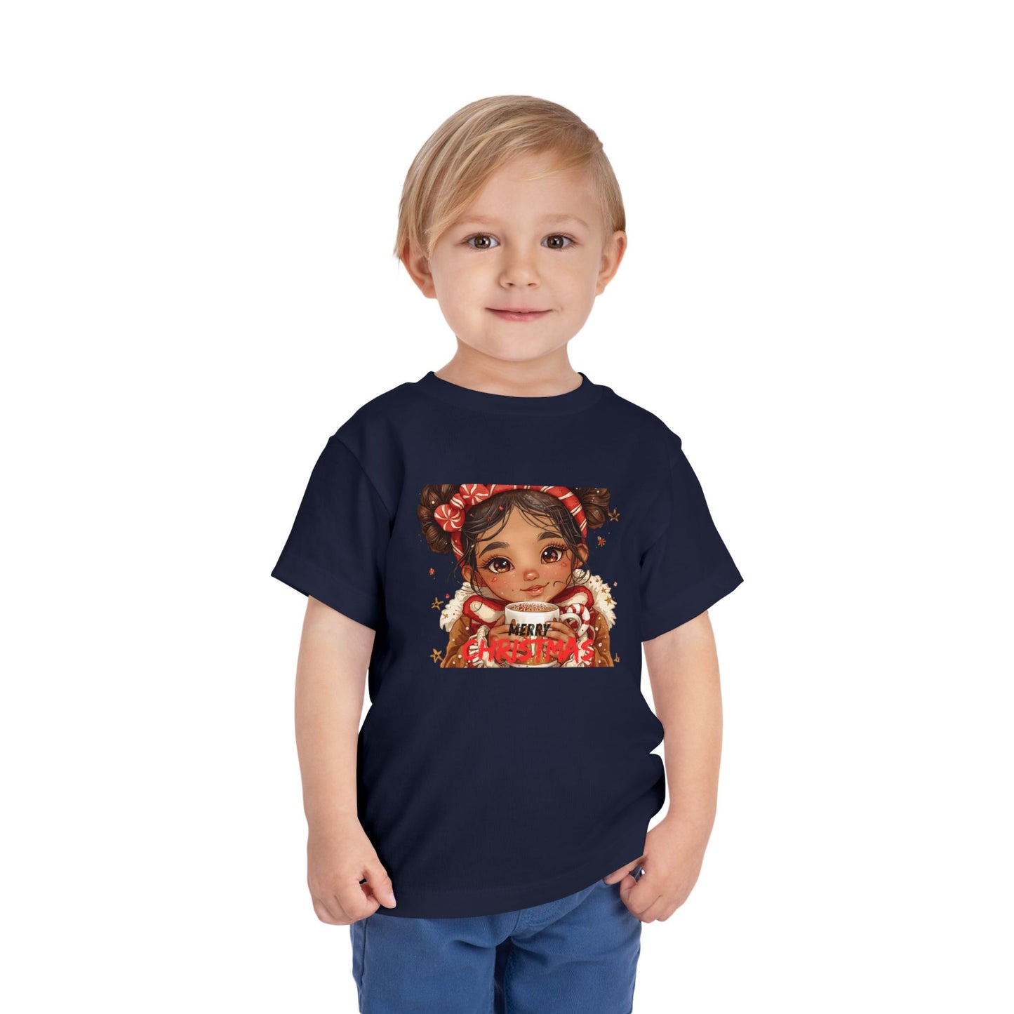 Toddler Tee — Cute Girl Holding Hot Cocoa Illustration (Holiday Cozy Kids Shirt)