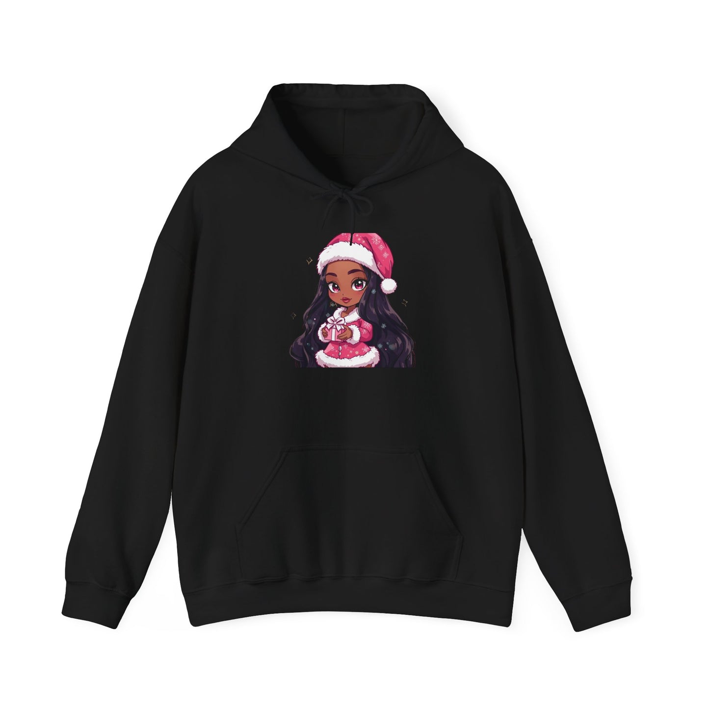 Christmas Girl Hoodie — Cute Black Girl Santa with Gift Holiday Sweatshirt/