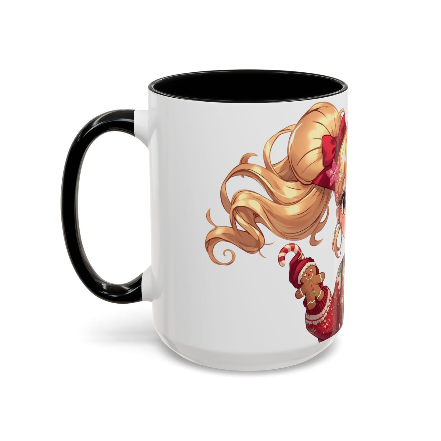 Cute Anime Girl Christmas Accent Coffee Mug — Holiday Sweater & Reindeer (11/15oz)