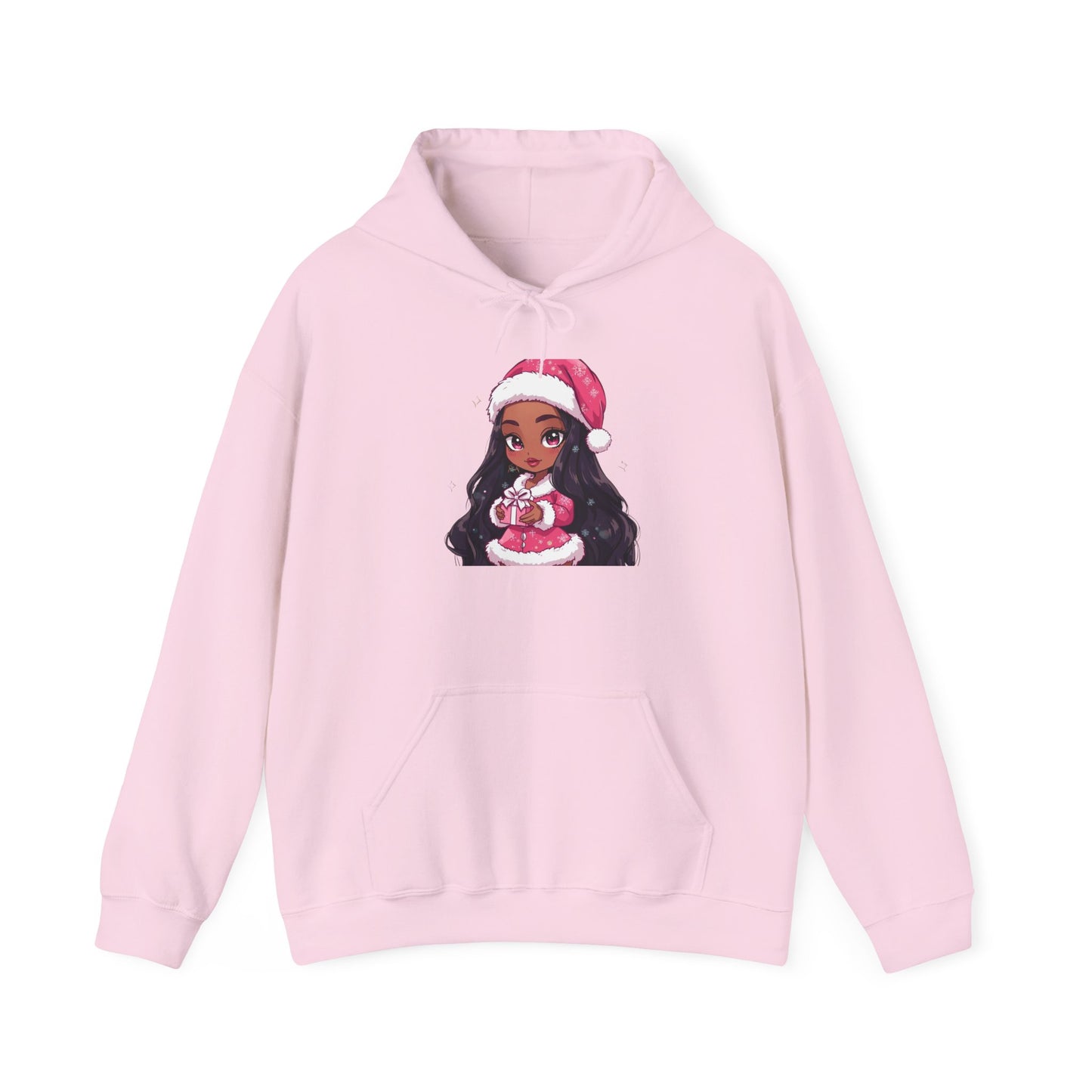 Christmas Girl Hoodie — Cute Black Girl Santa with Gift Holiday Sweatshirt/