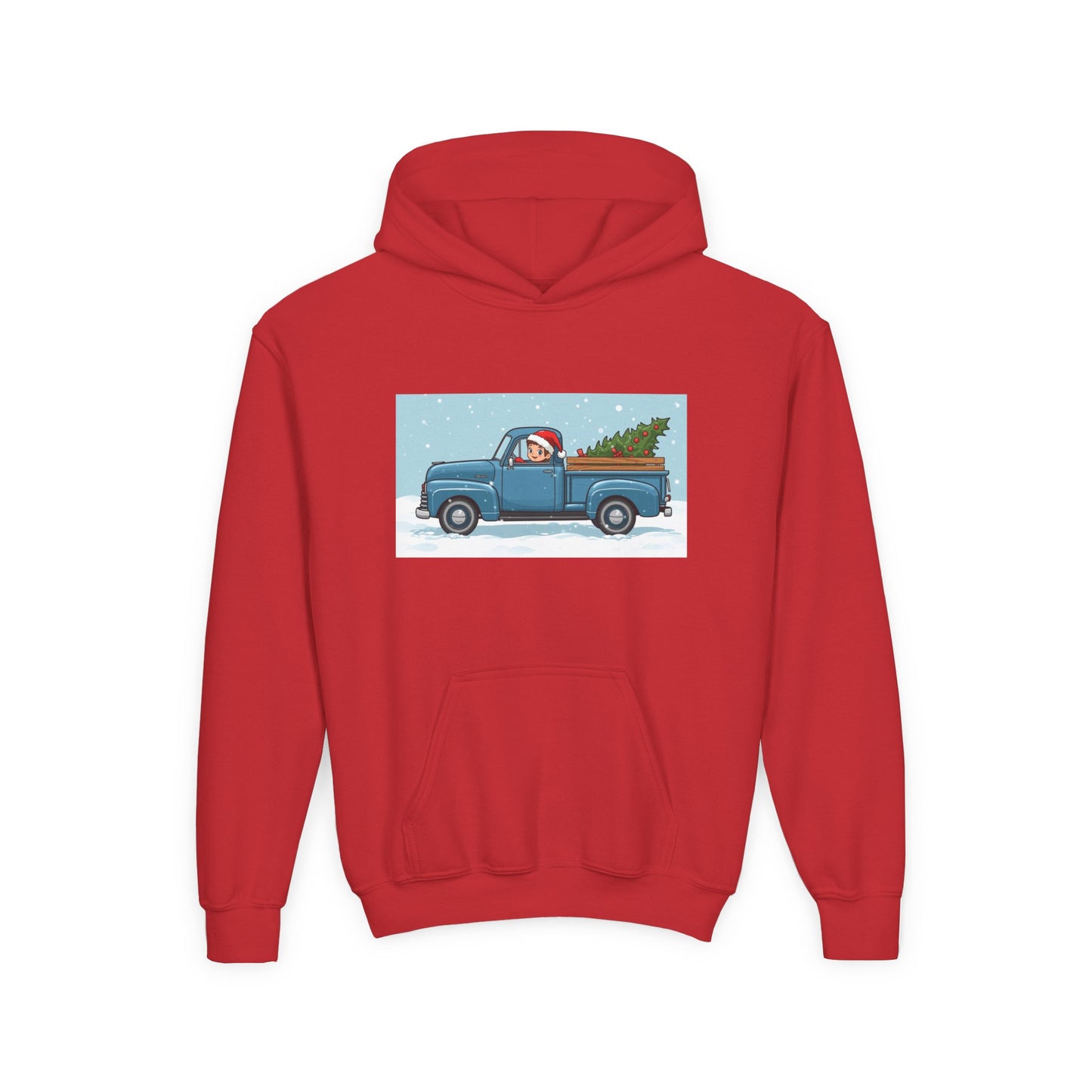 Kids Christmas Truck Hoodie — Santa Driving Blue Pickup with Tree Holiday Sweatshirt