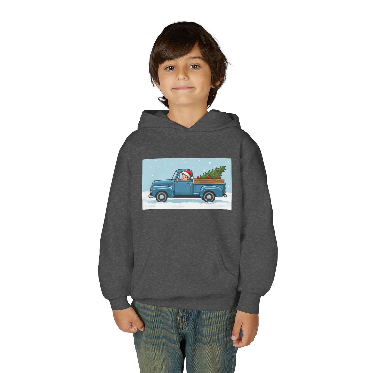 Kids Christmas Truck Hoodie — Santa Driving Blue Pickup with Tree Holiday Sweatshirt