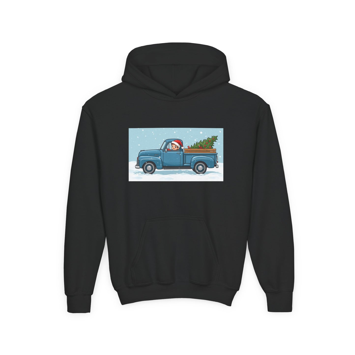 Kids Christmas Truck Hoodie — Santa Driving Blue Pickup with Tree Holiday Sweatshirt
