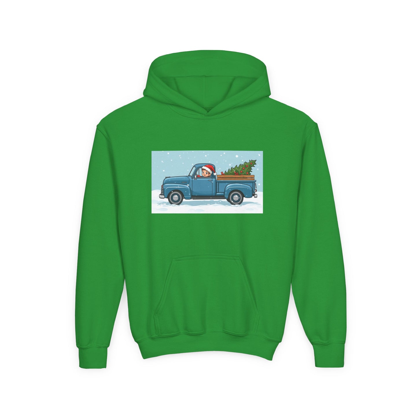 Kids Christmas Truck Hoodie — Santa Driving Blue Pickup with Tree Holiday Sweatshirt