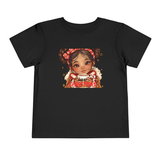 Toddler Tee — Cute Girl Holding Hot Cocoa Illustration (Holiday Cozy Kids Shirt)