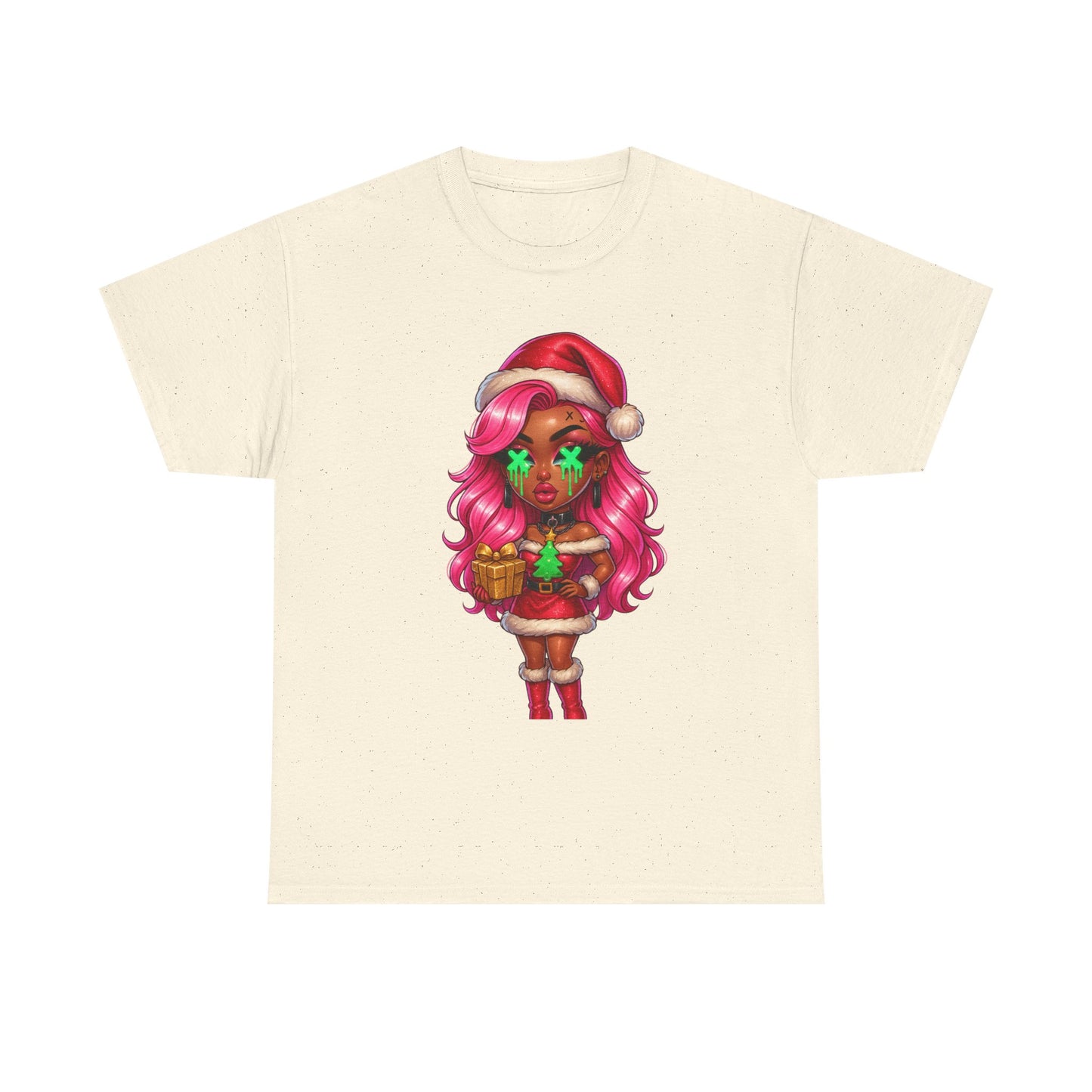 Black Santa Girl, T-Shirt | Christmas Pinup, Pink Hair, Holiday Cute