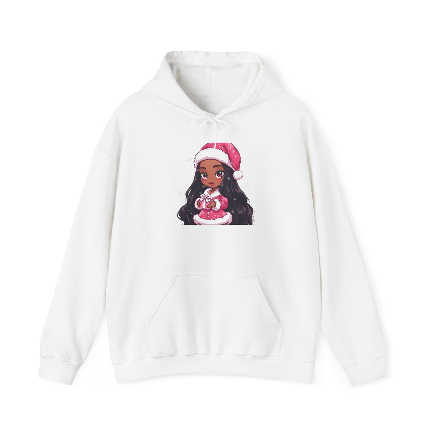Christmas Girl Hoodie — Cute Black Girl Santa with Gift Holiday Sweatshirt/