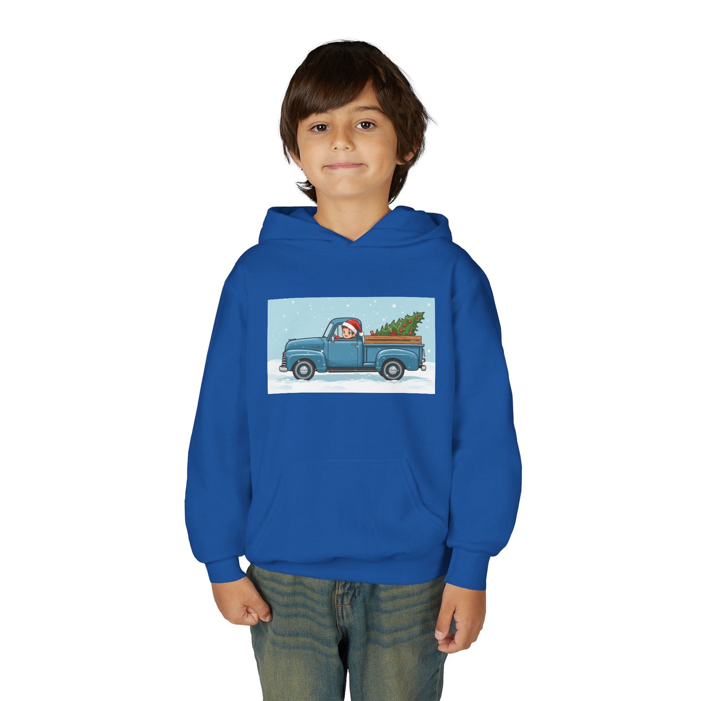 Kids Christmas Truck Hoodie — Santa Driving Blue Pickup with Tree Holiday Sweatshirt